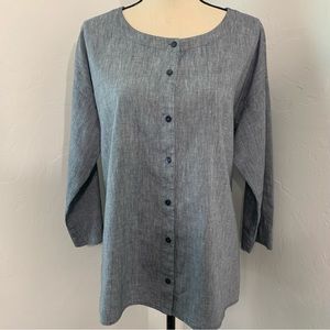 NWOT Eileen Fisher Linen Cotton Chambray Blue 3/4 Sleeve Button Front Tunic Top